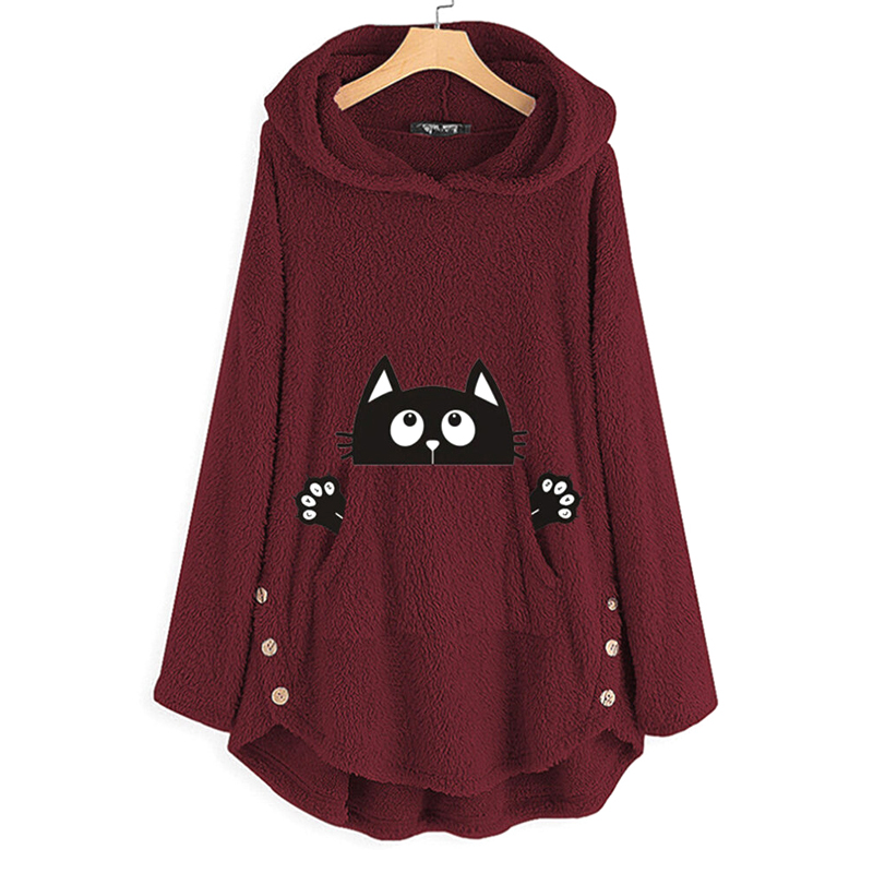 Cat Printed Terry Fleece Hoodies